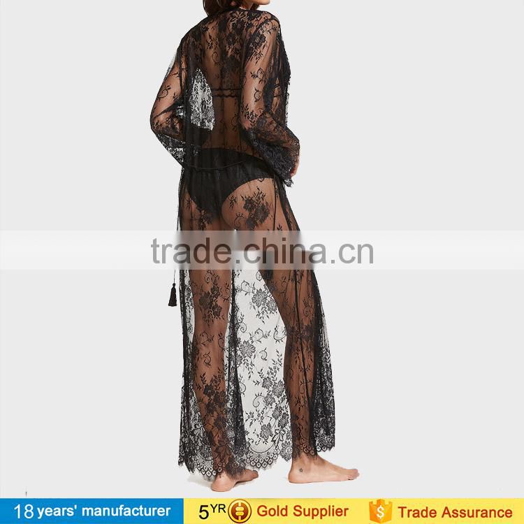 2017 sexy woman's long sleeve belted summer bikini cover up tops blouses long cardigan black sheer floral lace maxi kimono