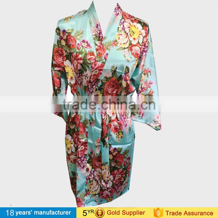 2017 fashion summer nightgown sleepwear 100% polyester printed floral wedding bride bridesmaid silk satin short kimono Robes