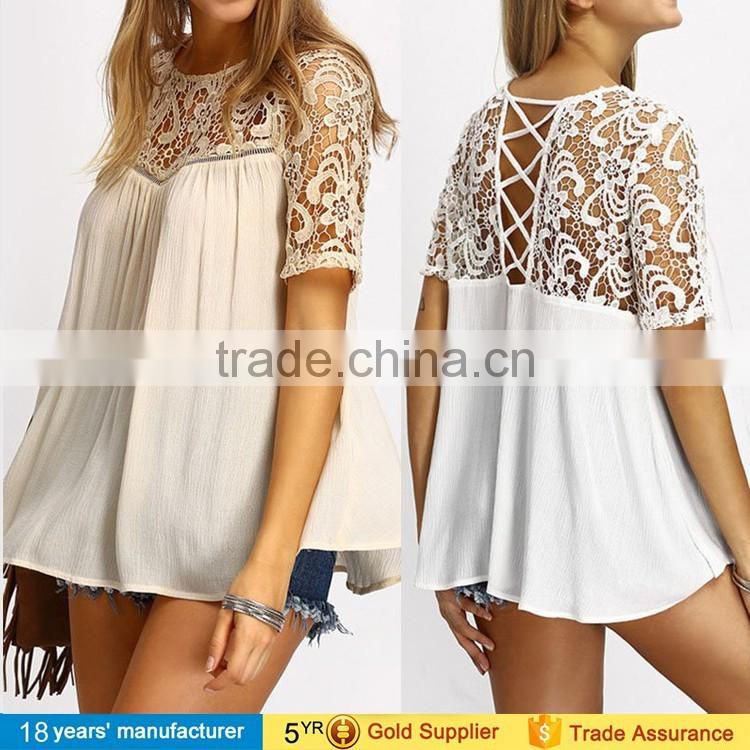Short sleeve pleated Cut out crochet lace loose summer boho beach Blouse for fashion women clothing 2017