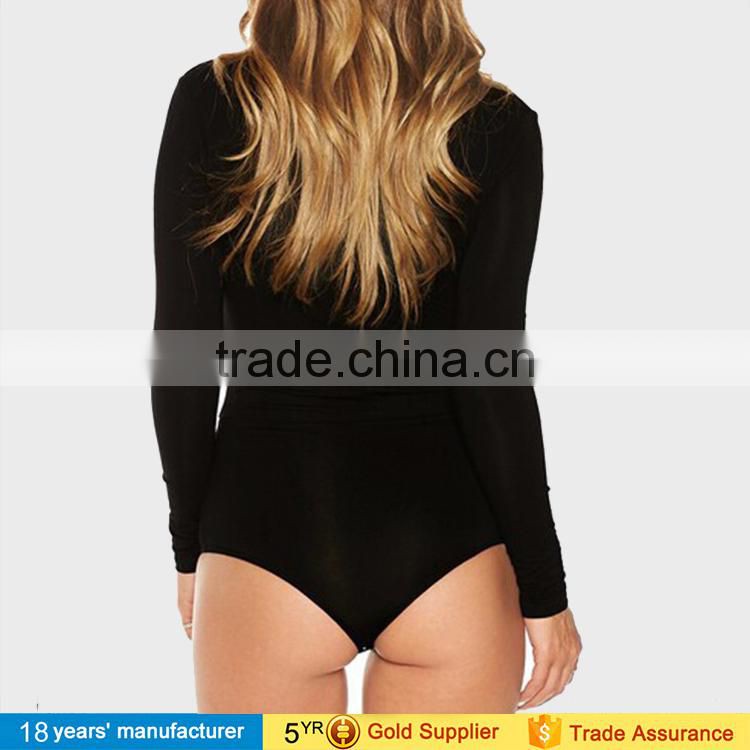 2017 Sexy women's plain cotton plunge front lace up tie neck backless sheath stretch bodysuit top design pictures with strappy