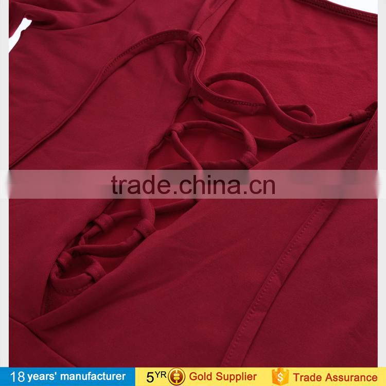 2017 Sexy women's plain cotton plunge front lace up tie neck backless sheath stretch bodysuit top design pictures with strappy