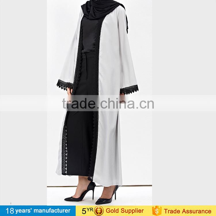 2017 Elegant ladies long sleeve full length lace hem chiffon Islamic dubai abaya long kimono cardigan for muslim women