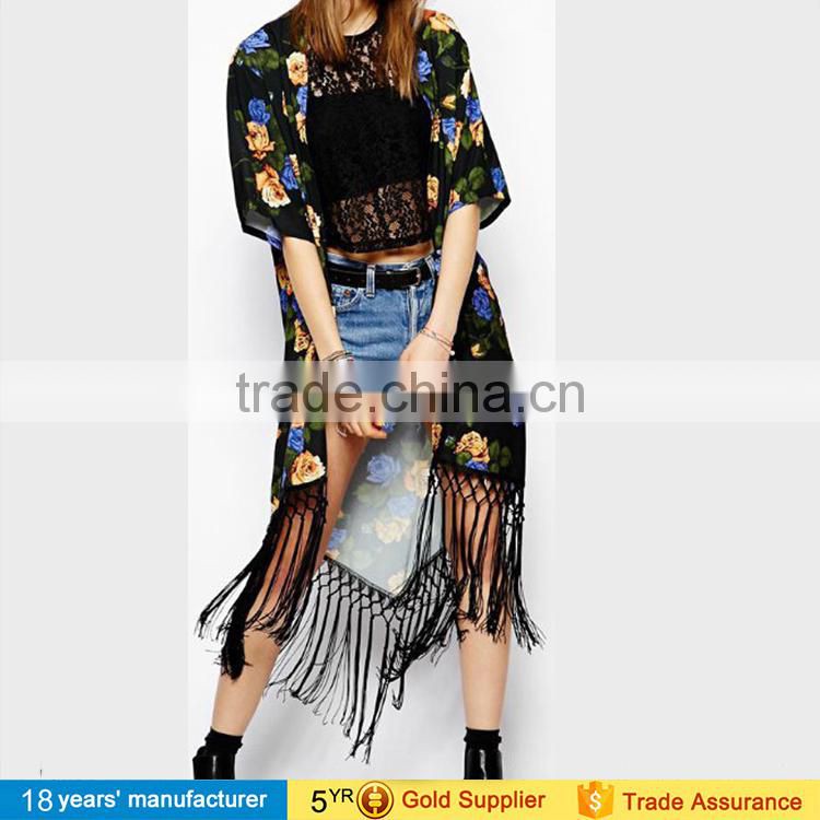 2017 wholesale summer fashion casual beach cover up tops blusa feminina boho loose floral chiffon long kimono cardigan