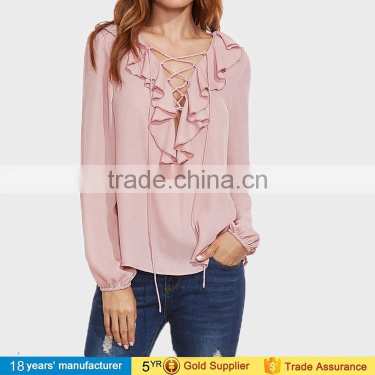 women long sleeve ruffle trim lace up v neck tops casual boho long chiffon tops and blouse design pattern 2017