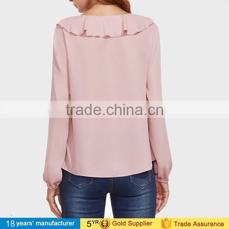 women long sleeve ruffle trim lace up v neck tops casual boho long chiffon tops and blouse design pattern 2017