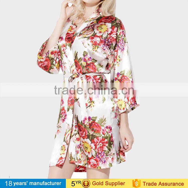 2017 fashion summer nightgown sleepwear 100% polyester printed floral wedding bride bridesmaid silk satin short kimono Robes