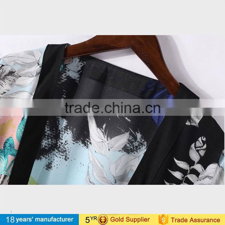 Women summer loose blusa tops outwear long sleeve plus size bohemian floral printed long chiffon open front kimono cardigan