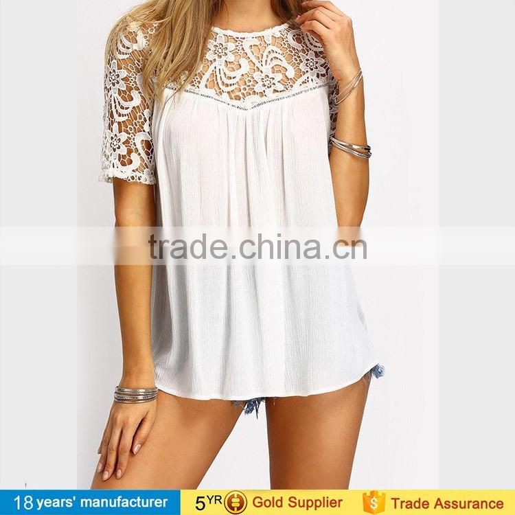 Short sleeve pleated Cut out crochet lace loose summer boho beach Blouse for fashion women clothing 2017