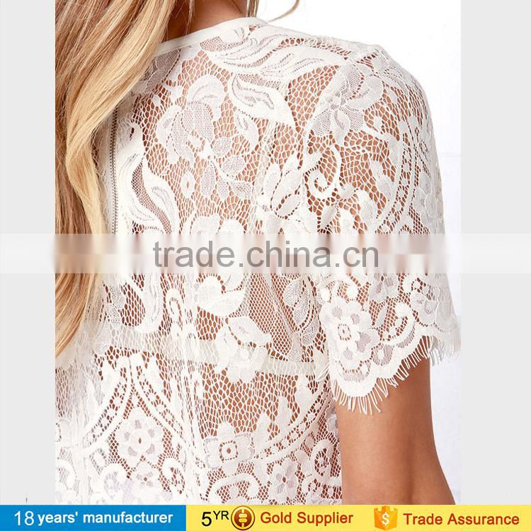 2017 Casual loose short sleeve hollow out embroidery white lace slim crop tops for summer women clothing