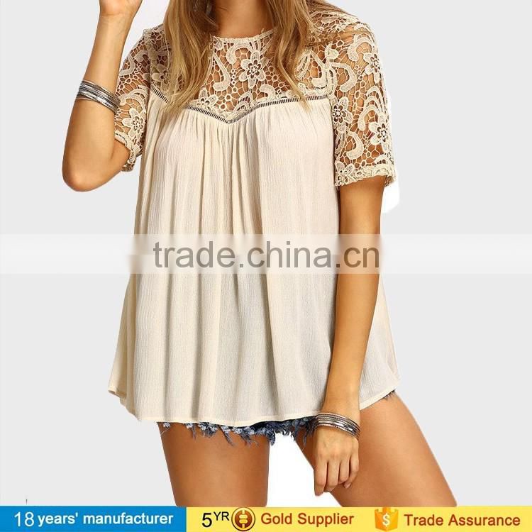 Short sleeve pleated Cut out crochet lace loose summer boho beach Blouse for fashion women clothing 2017
