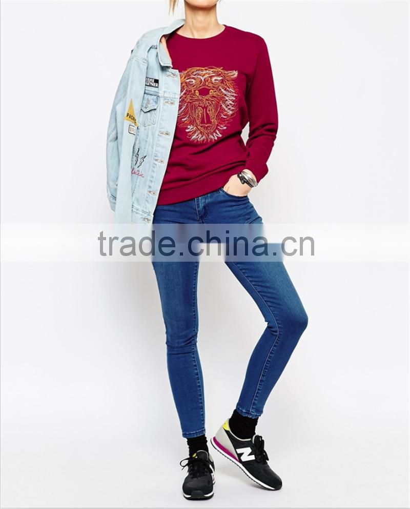 tiger embroidered O-collar women hoodies without hood OEM service