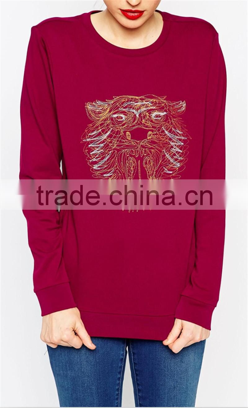 tiger embroidered O-collar women hoodies without hood OEM service