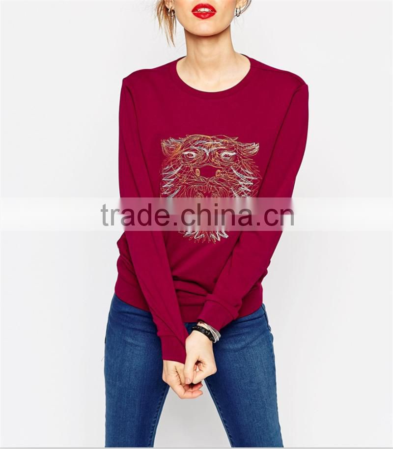 tiger embroidered O-collar women hoodies without hood OEM service
