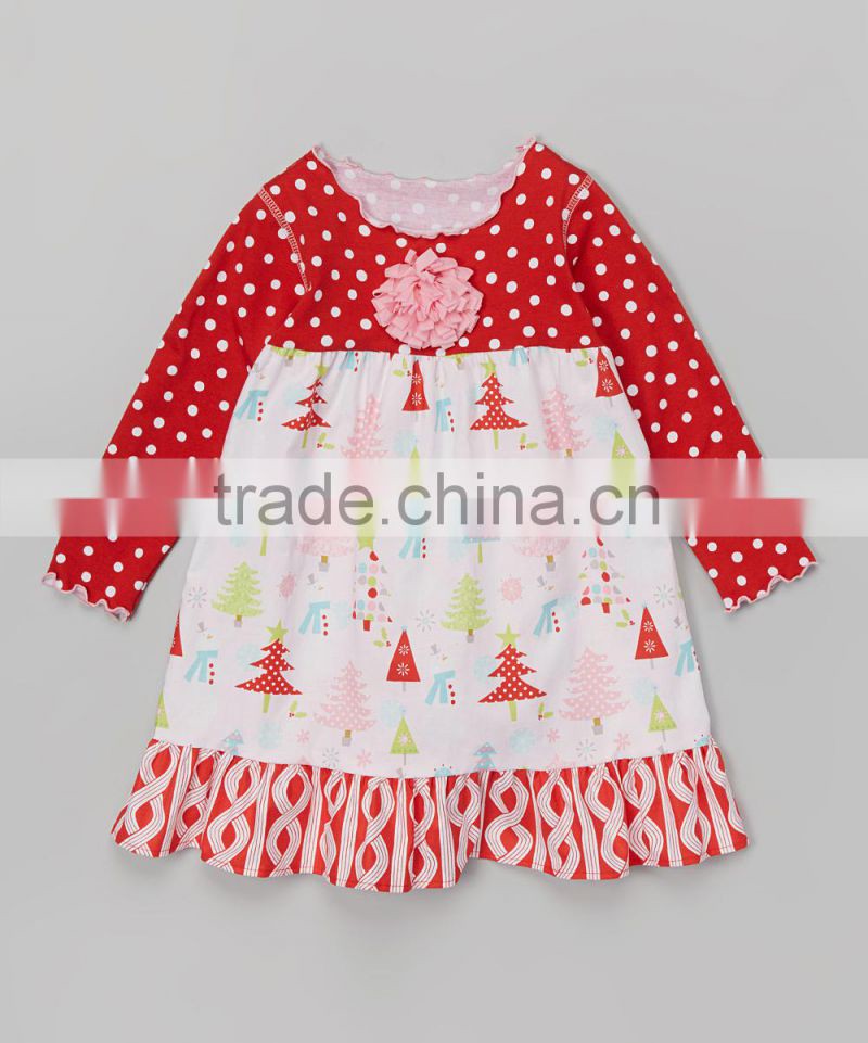 High Quality Decoration Flower Ripple Printing Wear Kid Christmas Clothes Toddler Fashion Dress Z-GD80724-24