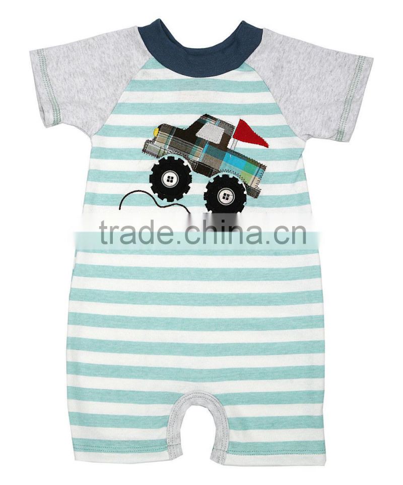 Online Sell Turquoise Stripe Truck Kid Romper Short Sleeve Baby Jumpsuits Infant Clothing RR80817-7