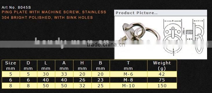SS8045 Marine Deck Hardware Stainless Steel 304 Round Eye Plate With Ring with machine screw sink holes ring plate