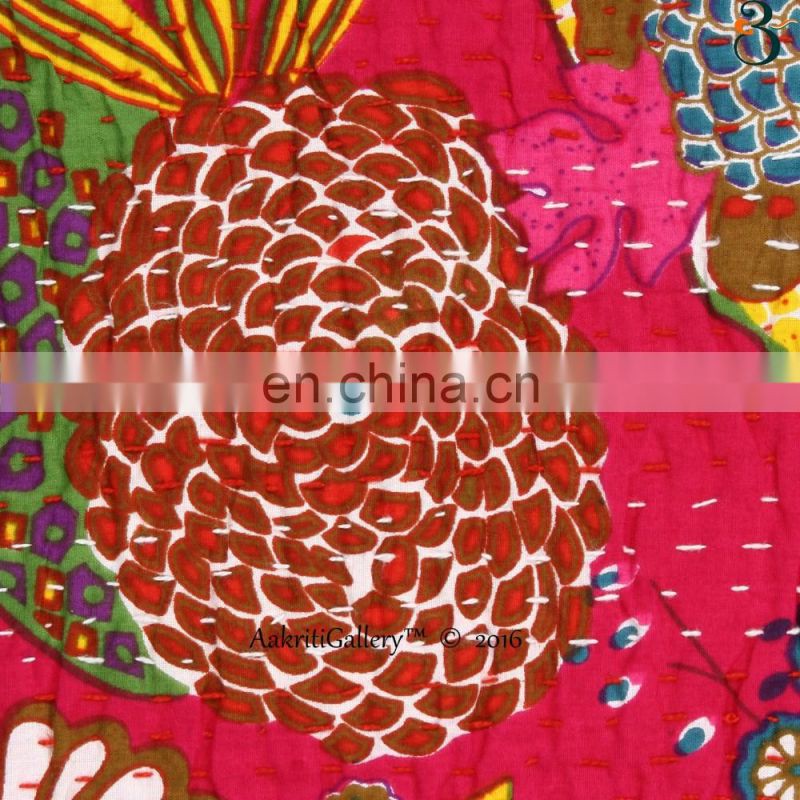 Indian Handmade Pillow Case Embroidery Fruit Print Home Decor Sofa Kantha Cushion Cover