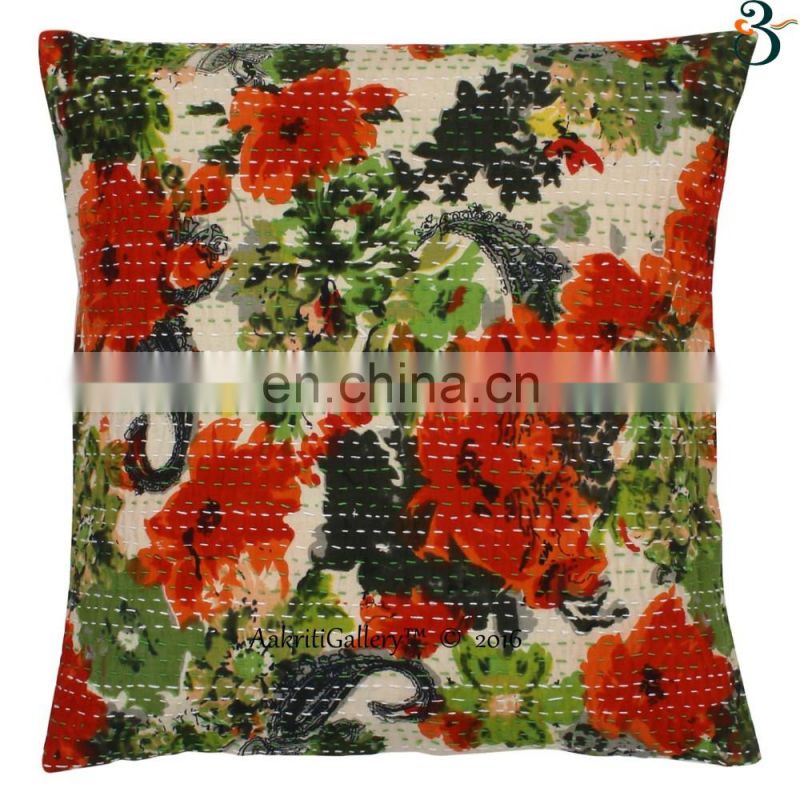 Indian Cushion Cover Handmade Embroided Flower Pillow Case Home Decor Sofa Pillow Cover Kantha