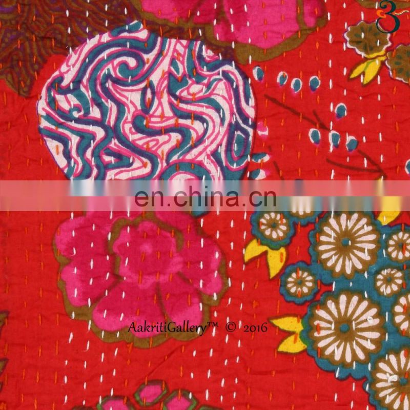 Indian 100% Cotton Cushion Cover Handmade Embroided Fruit Print Home Decor Sofa Pillow Case Kantha Cushion