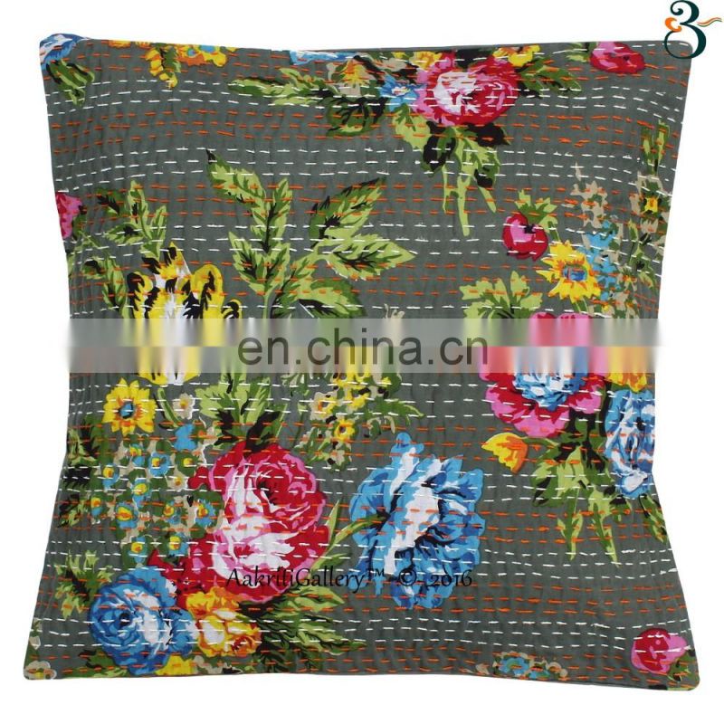 Wholesale Indian Cushion Cover Handmade Embroided Flower Home Decor Sofa Pillow Case Kantha Cushion