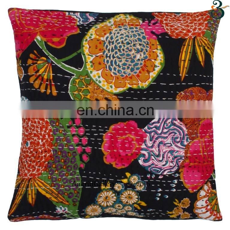 Indian Cushion Cover Handmade Embroided Fruit Print Home Decor Sofa Pillow Case Kantha Cushion