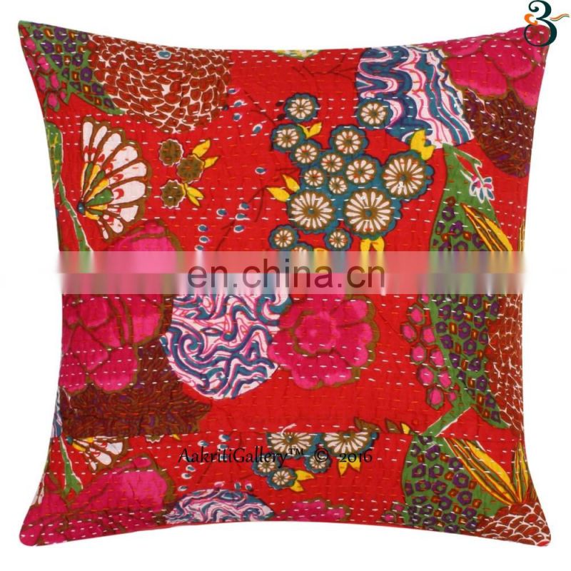 Indian 100% Cotton Cushion Cover Handmade Embroided Fruit Print Home Decor Sofa Pillow Case Kantha Cushion