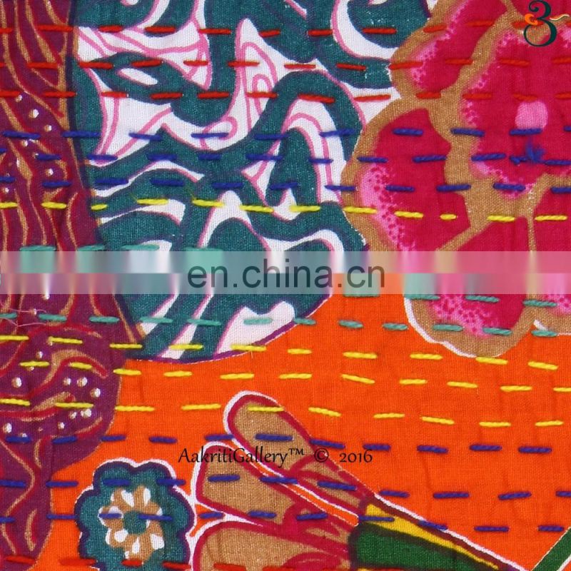 Indian Cushion Cover Handmade Embroided Fruit Print Home Decor Sofa pillow case 16x16 Kantha Cushion