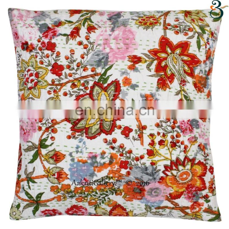 Indian Cushion Cover Handmade Embroided Flower Home Decor Sofa Pillow Case Kantha Cushion