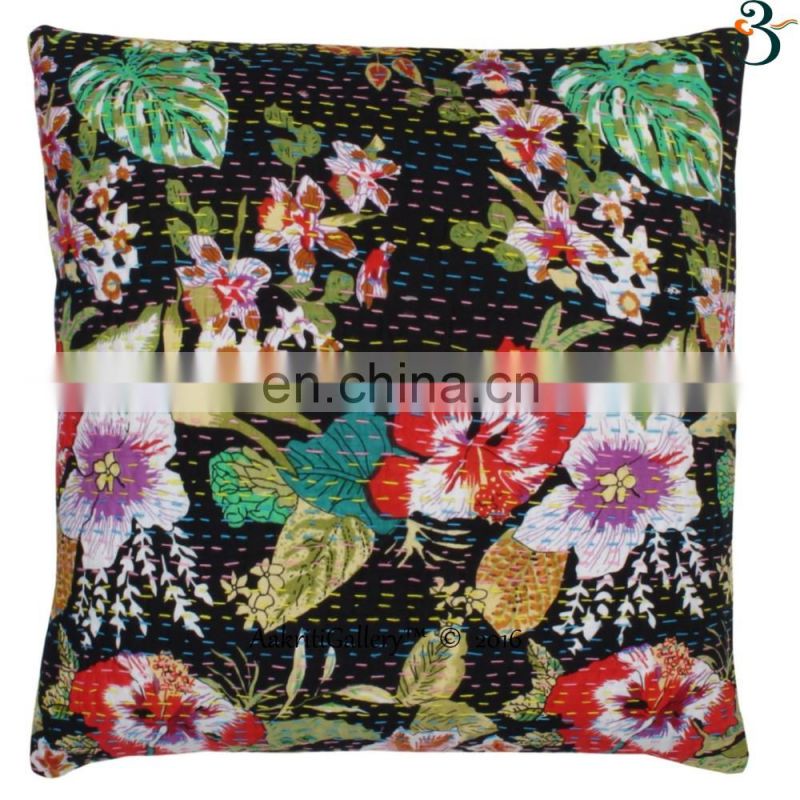 Indian Cushion Cover Embroided Floral Home Decor Sofa Pillow Case Handmade Kantha Cushion