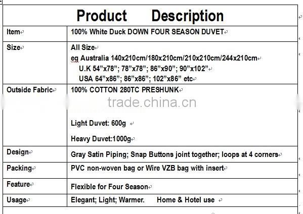 Royal 100% White Duck Down Four Season Duvet