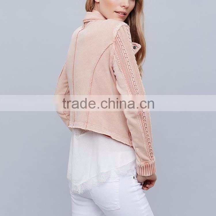 New arrivals autumn winter cropped crochet moto ruffled fashion pink jacket girls