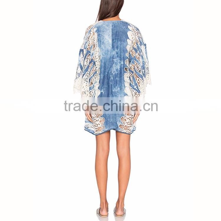 Stylish trench new design boho wite blue lace kimono woman overcoat