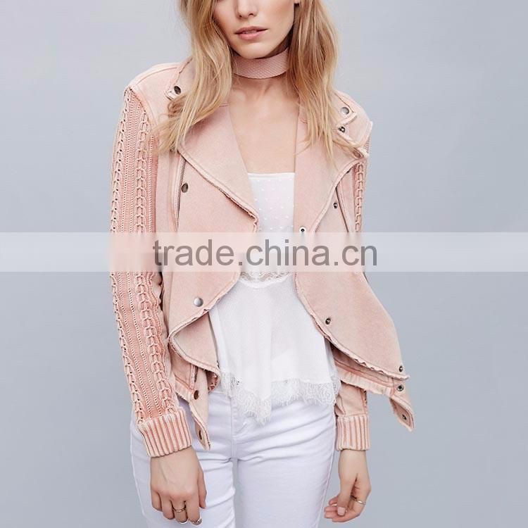 New arrivals autumn winter cropped crochet moto ruffled fashion pink jacket girls
