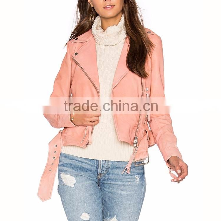 High quality tops zipper up pink cropped moto leather jacket for girls