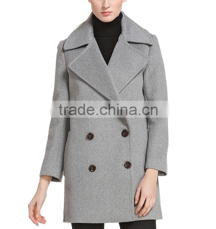 Wholesale autumn winter fashion double breasted woolen grey women casual overcoat