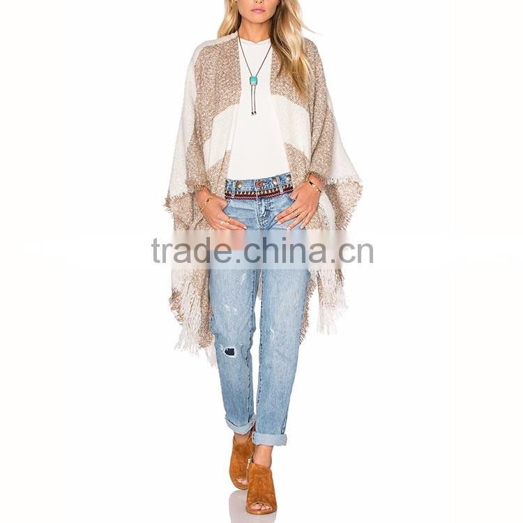 Wholesale guangdong kimono shawl woman fashion stripe poncho with fringe