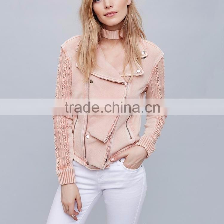 New arrivals autumn winter cropped crochet moto ruffled fashion pink jacket girls