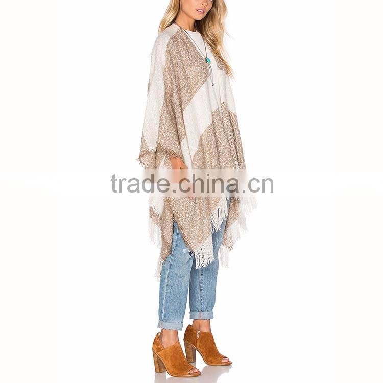 Wholesale guangdong kimono shawl woman fashion stripe poncho with fringe