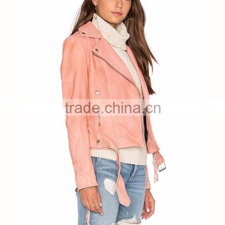 High quality tops zipper up pink cropped moto leather jacket for girls