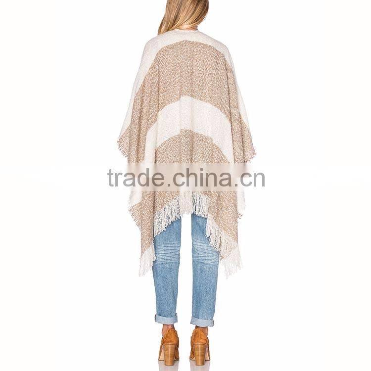 Wholesale guangdong kimono shawl woman fashion stripe poncho with fringe
