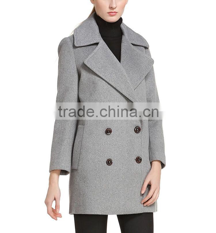 Wholesale autumn winter fashion double breasted woolen grey women casual overcoat