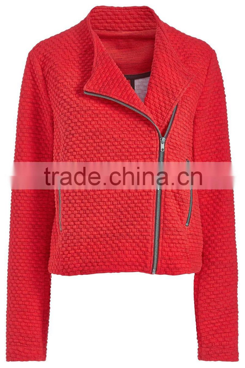 Red Textured autumn long sleeve zipper front Biker Jacket
