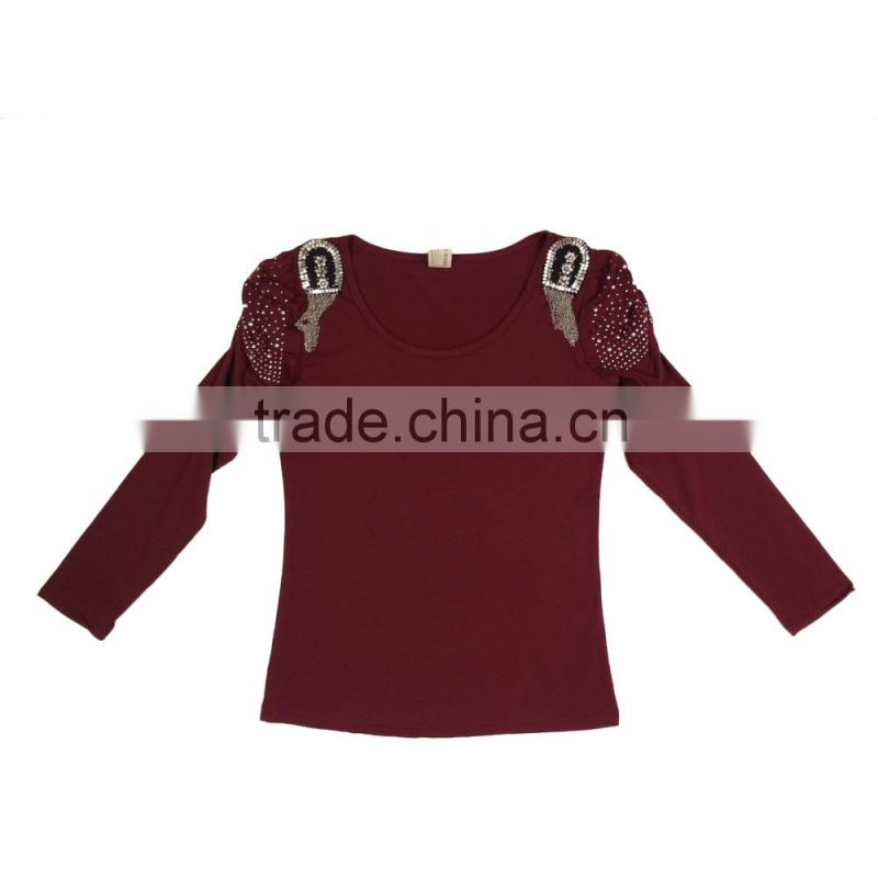 2015 Fall Long Sleeves Sequins Patch Ladies Tee
