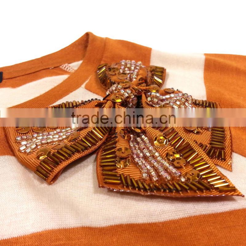 2015 Fall 3/4 Sleeves Beaded Ribbon Bow Ladies Tee