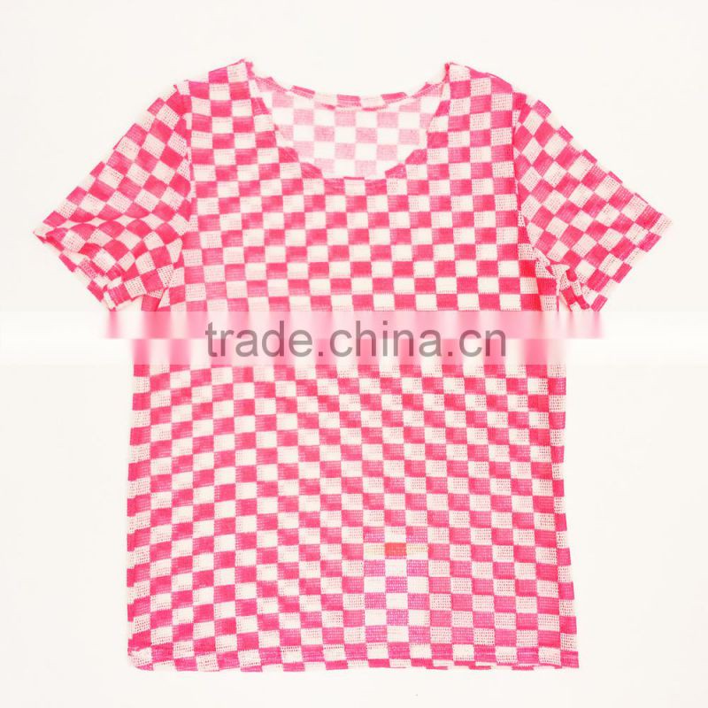 Women Check Pattern Mesh Tee