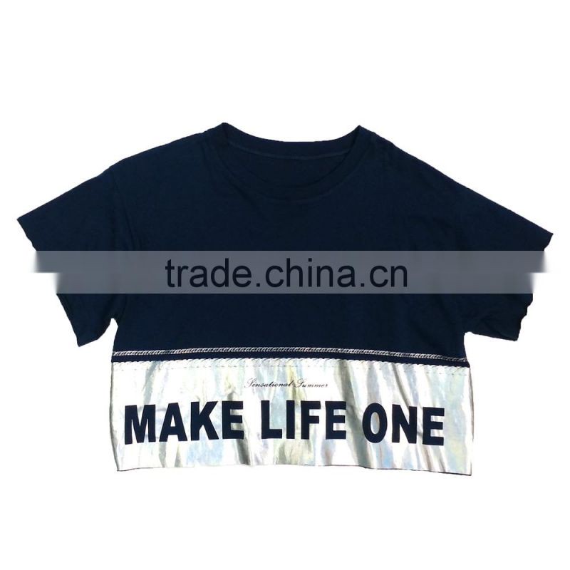 2015 Newest Short Sleeves Foil Printing Cotton Ladies Crop Top