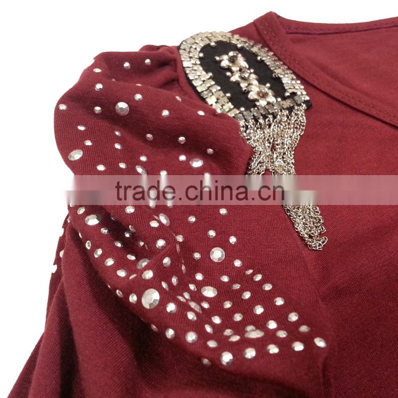 2015 Fall Long Sleeves Sequins Patch Ladies Tee