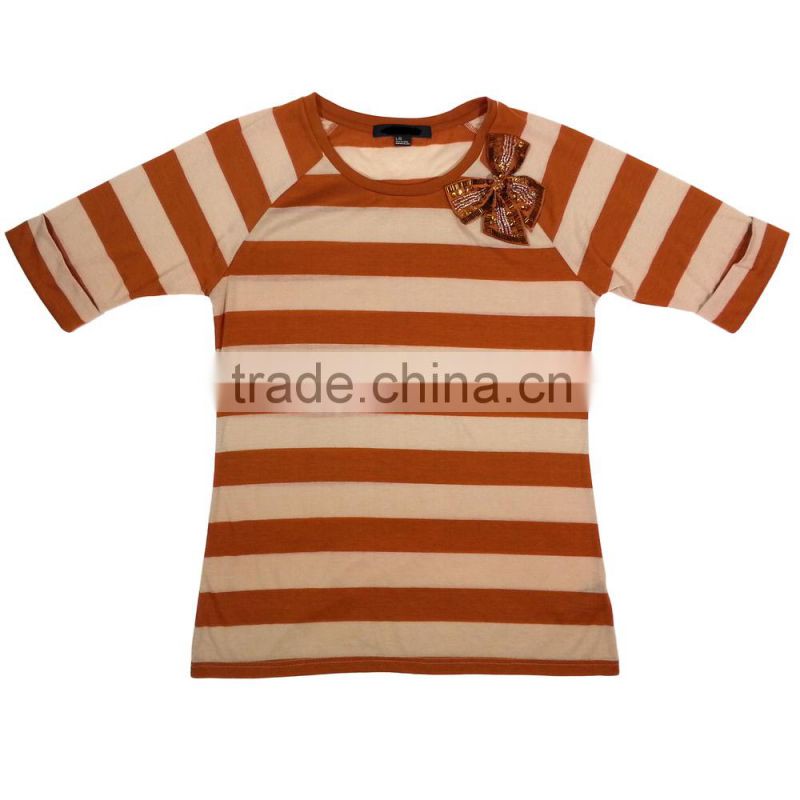 2015 Fall 3/4 Sleeves Beaded Ribbon Bow Ladies Tee