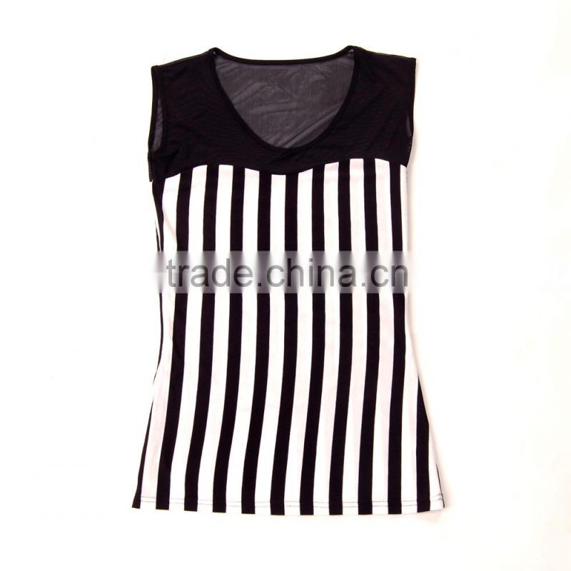 2015 Newest Sleeveless B/W Striped Ladies Long Tee
