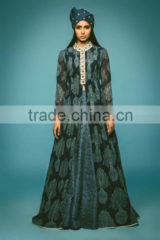 Mid Night Blue Long Jacket Lehenga